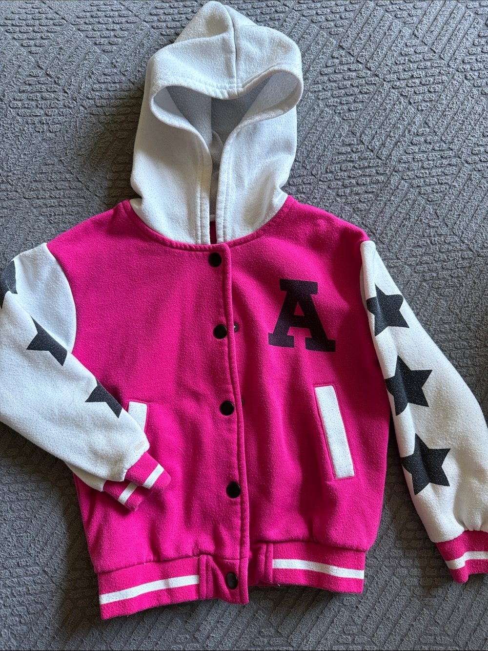 SHEIN Hot Pink and White Hooded Varsity Jacket with Black Stars
